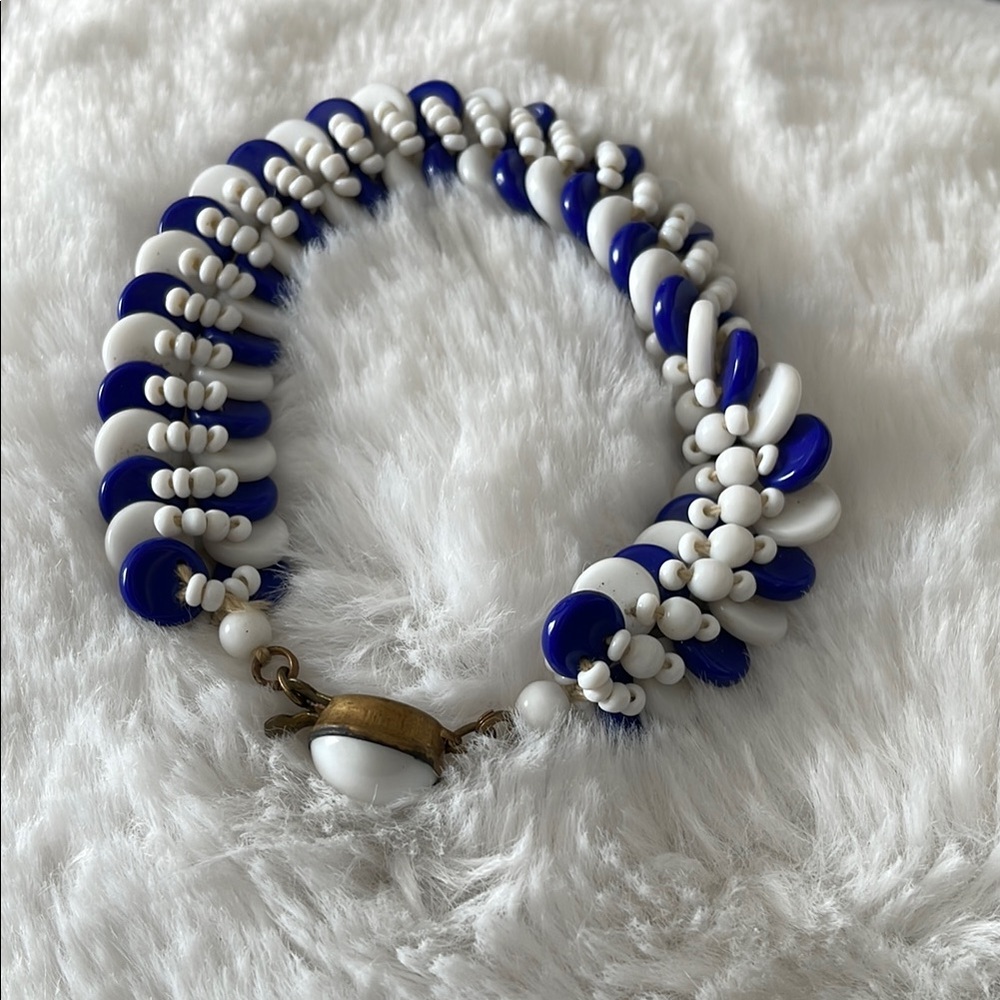 Blue and White Beaded Bracelet with Unique Pattern and Metal Clasp 
West Germany